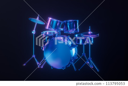 Drum set with dark neon light effect, 3d rendering. 113795053