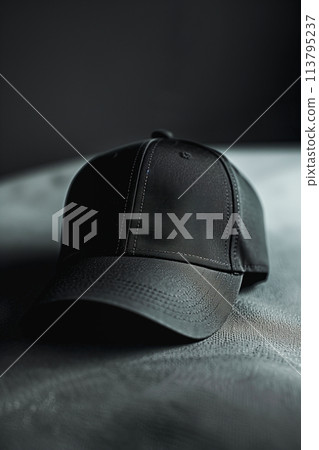A black baseball cap is sitting on a table A black baseball cap is sitting on a table 113795237