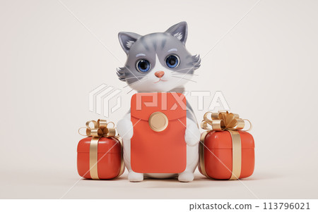 3D cartoon style cute cat and Chinese lucky red package, 3d rendering. 113796021