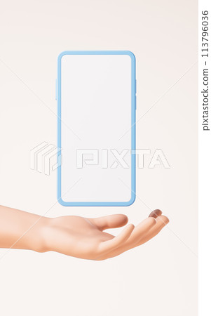 A hand holds a mobile phone, 3d rendering. A hand holds a mobile phone, 3d rendering. 113796036