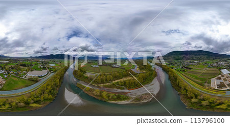 Aerial 360 Panorama of River, Farms and Mountain Landscape. 113796100