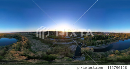 Aerial 360 Panorama of Lake and trees in suburban city. 113796128
