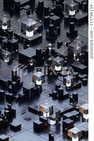 Metallic cube circuit board, 3d rendering. 113796134