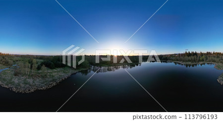 Aerial 360 Panorama of Lake and trees in suburban city. Aerial 360 Panorama of Lake and trees in suburban city. 113796193