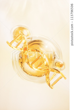 DNA and golden liquid bubble, 3d rendering. 113796506