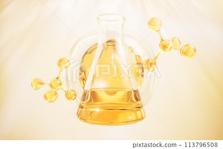 Chemical glassware with golden liquid, 3d rendering. Chemical glassware with golden liquid, 3d rendering. 113796508