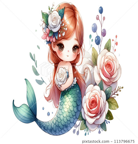 Mermaid holding white rose 113796675