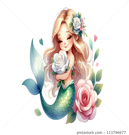 Mermaid holding white rose 113796677