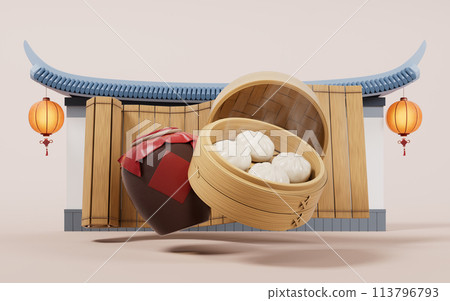 Chinese food baozi in food steamer, 3d rendering. Chinese food baozi in food steamer, 3d rendering. 113796793
