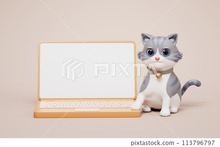 3D cartoon style cute cat and computer screen, 3d rendering. 3D cartoon style cute cat and computer screen, 3d rendering. 113796797