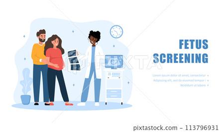 Fetus screening concept. Female doctor gives results of ultrasound examination. Arabian family expecting for baby. Future parents in clinic. Vector illustration in flat cartoon style Fetus screening concept. Female doctor gives results of ultrasound examination. Arabian family expecting for baby. Future parents in clinic. Vector illustration in flat cartoon style 113796931