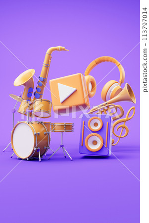 Music instruments with cartoon style, 3d rendering. 113797014
