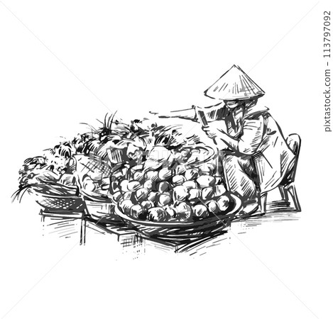Drawing of Vietnamese women street sales  113797092