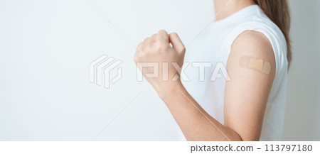 Woman with bandage after receiving vaccine. Vaccination and Immunization for Influenza, HPV, Zoster, IPD, DTP or Diphtheria, Tetanus and Pertussis, MMR, Hepatitis B, Covid and Varicella vaccine Woman with bandage after receiving vaccine. Vaccination and Immunization for Influenza, HPV, Zoster, IPD, DTP or Diphtheria, Tetanus and Pertussis, MMR, Hepatitis B, Covid and Varicella vaccine 113797180