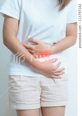 Woman having Stomach pain. Ovarian and Cervical cancer, Cervix disorder, Endometriosis, Hysterectomy, Uterine fibroids, Reproductive system, menstruation, diarrhea and Pregnancy concept 113797182