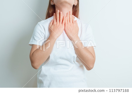 Gastroesophageal Reflux Disease or GERD, Acid reflux disease, Gastro Oesophageal or GORD and Dyspepsia concept. woman having Stomach ache and Esophageal pain due to Digestion system problem 113797188