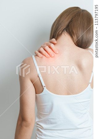 Woman having Shoulder and Neck pain at home. Muscle painful due to Myofascial pain syndrome and Fibromyalgia, rheumatism, Scapular pain, Cervical Spine. ergonomic concept 113797195