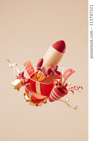 Opening gift box and rocket, 3d rendering. Opening gift box and rocket, 3d rendering. 113797321