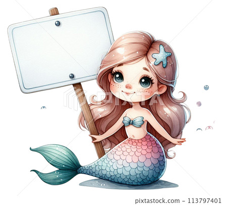 A white sign sitting on a little mermaid A white sign sitting on a little mermaid 113797401