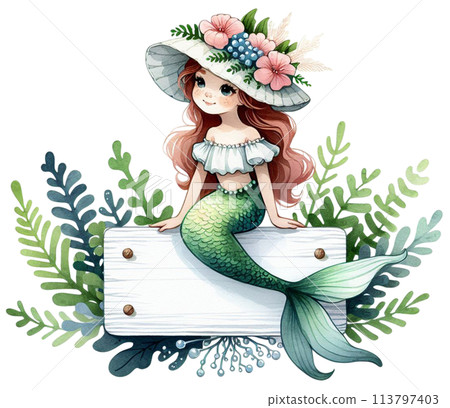 A white sign sitting on a little mermaid A white sign sitting on a little mermaid 113797403