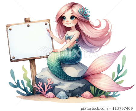 A white sign sitting on a little mermaid 113797409