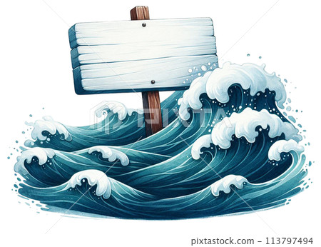 A white sign sitting on water waves 113797494