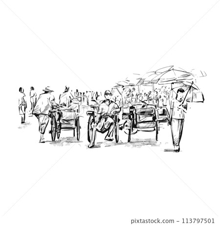 Drawing of the rickshaw at local market in Myanmar Drawing of the rickshaw at local market in Myanmar 113797501
