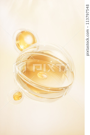 Chemical glassware with golden liquid, 3d rendering. Chemical glassware with golden liquid, 3d rendering. 113797548