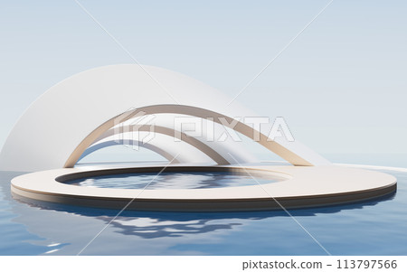 Creative geometry building with water surface, 3d rendering. 113797566