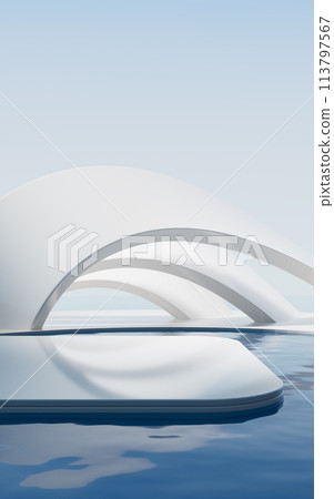 Creative geometry building with water surface, 3d rendering. Creative geometry building with water surface, 3d rendering. 113797567