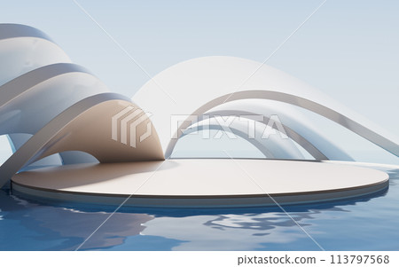 Creative geometry building with water surface, 3d rendering. 113797568