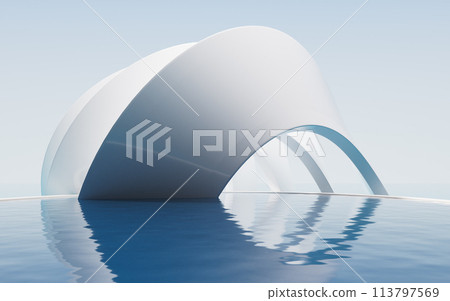 Creative geometry building with water surface, 3d rendering. 113797569