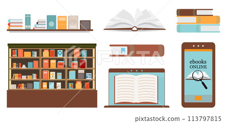 Online library icon set on white background. Online library icon set on white background. 113797815