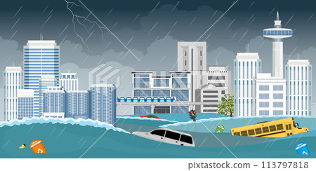 City flood flooding water in city street. 113797818