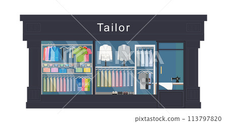 Boutique front of tailor shop. 113797820