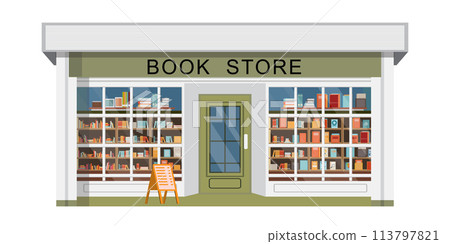 Bookstore front with bookshelves on white background. 113797821