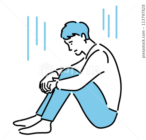 年輕人蹲下來，感到沮喪 113797828