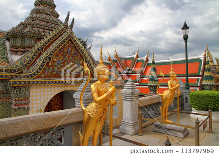 Buildings and statues at Wat Phra Kaew, also known as the Temple of the Emerald Buddha and Phra Ratchawan, in Bangkok, the capital of Thailand 113797969