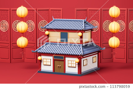 Chinese ancient building with retro style, 3d rendering. 113798059