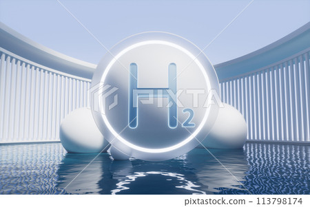 Hydrogen energy with water surface, 3d rendering. Hydrogen energy with water surface, 3d rendering. 113798174