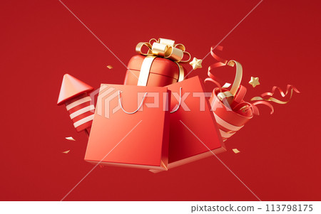 Shopping bag and celebration elements, 3d rendering. Shopping bag and celebration elements, 3d rendering. 113798175