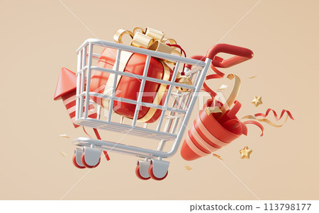 Shopping cart and gift box, 3d rendering. Shopping cart and gift box, 3d rendering. 113798177