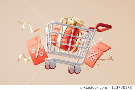 Shopping cart and gift box, 3d rendering. Shopping cart and gift box, 3d rendering. 113798178