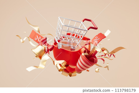 Shopping cart and gift box, 3d rendering. Shopping cart and gift box, 3d rendering. 113798179
