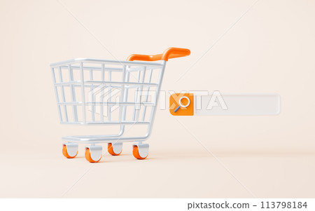 Cartoon shopping cart with shopping theme, 3d rendering. Cartoon shopping cart with shopping theme, 3d rendering. 113798184
