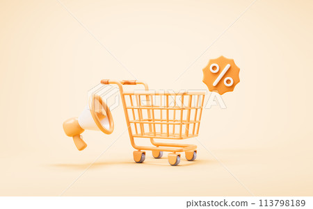 Cartoon shopping cart with shopping theme, 3d rendering. Cartoon shopping cart with shopping theme, 3d rendering. 113798189