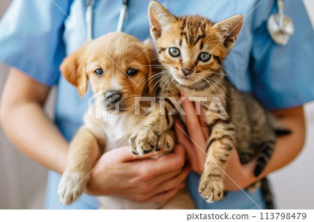 Vet holding a puppy and a kitten 113798479