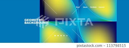 Vibrant blue and yellow geometric cross pattern on a digital background 113798515