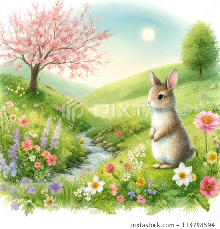 A rabbit standing on a spring meadow A rabbit standing on a spring meadow 113798594
