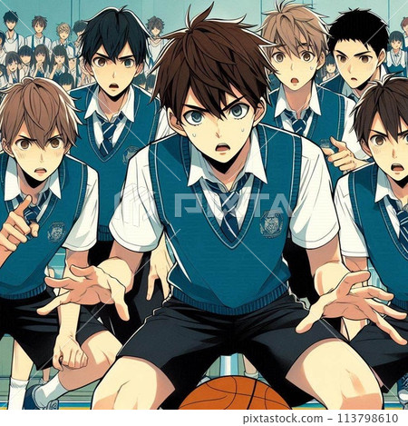 The boys on the basketball team are shaken by the unbelievable play. 113798610